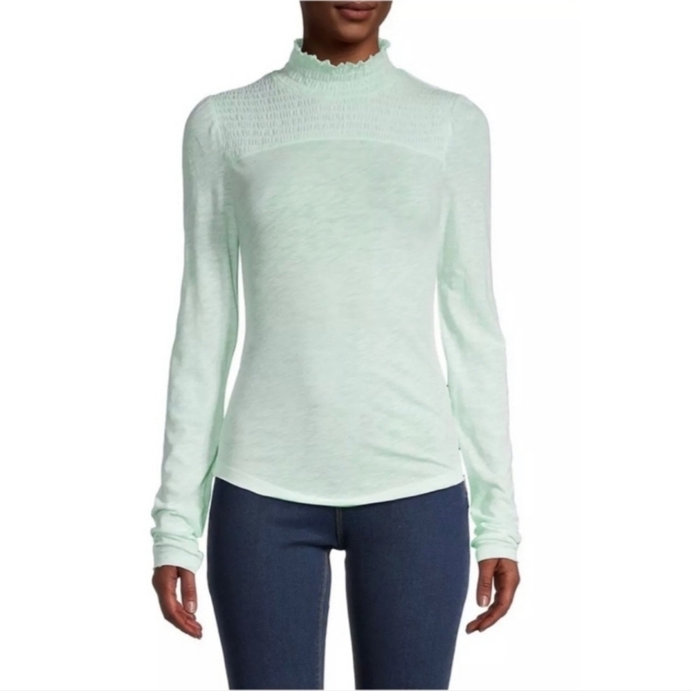 𝅺FREE PEOPLE Caroline Smoked Mockneck Knitted Top in Iced Aqua Womens Size XS